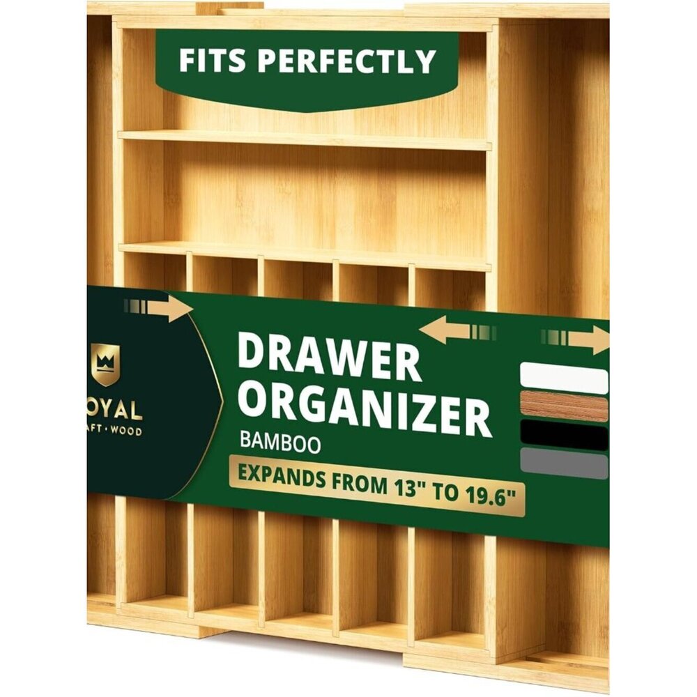 Bamboo Utensil Organizer Drawer Insert 9-Slot Kitchen